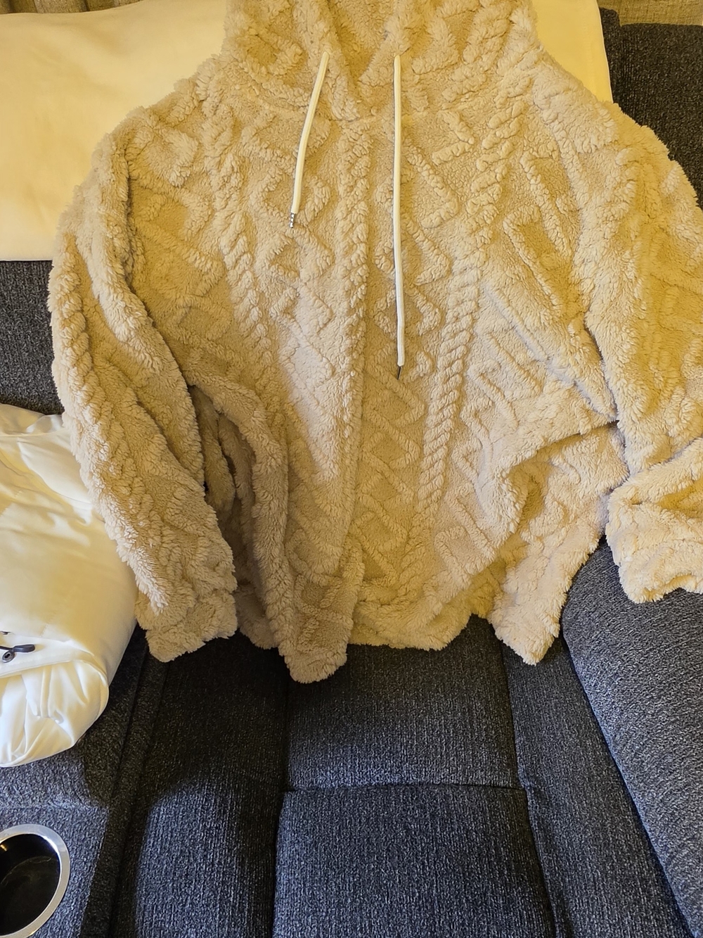 SHEIN Plush Cable-Knit Hooded Pullover - Beige